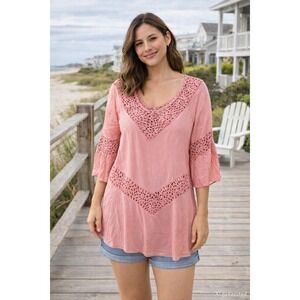 Womens Crochet Trim Tunic Top Size M Pink‎ Bell Sleeve Boho Coastal Cottage